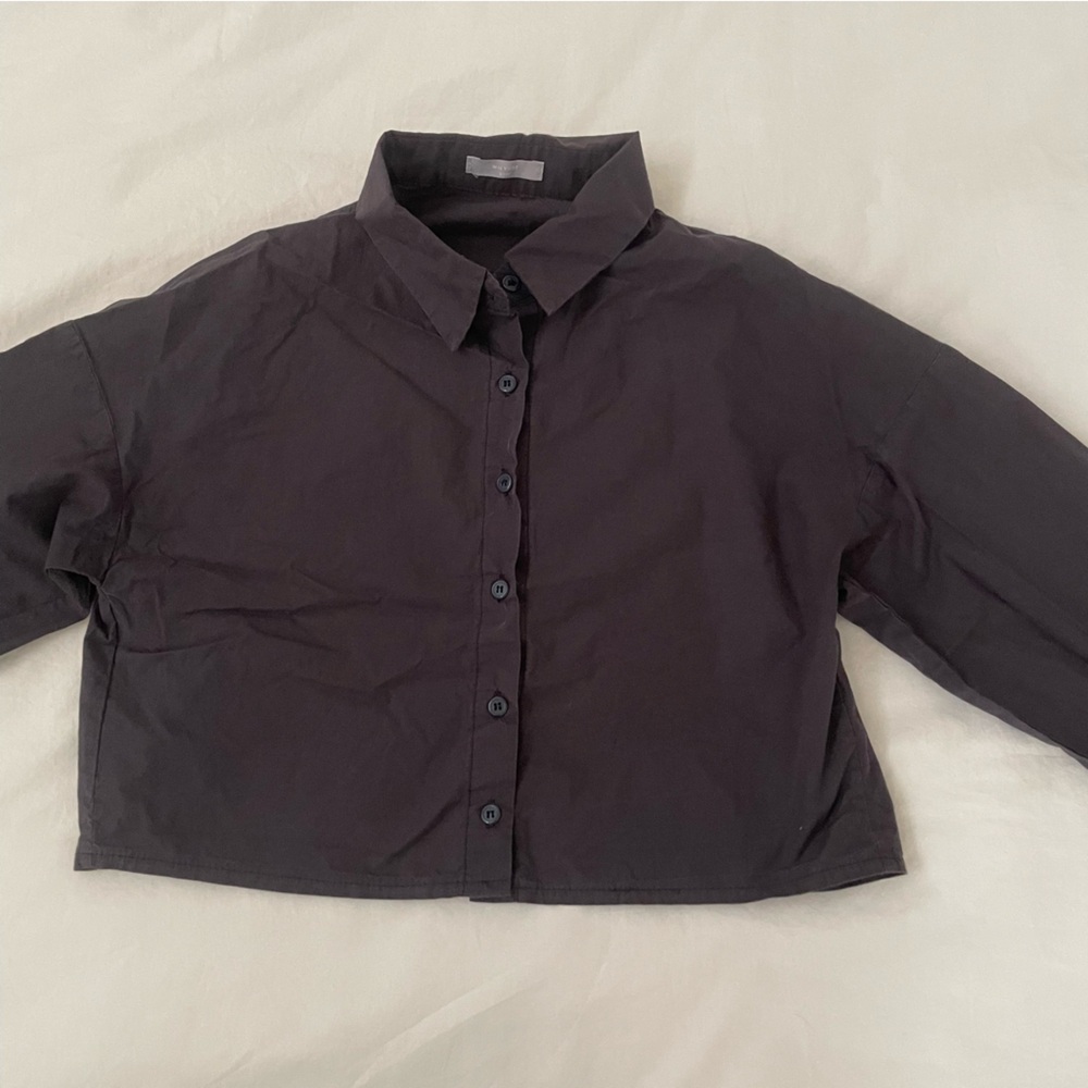 Charcoal Gray / Off-Black Cropped Button Top With Back Cut-Out